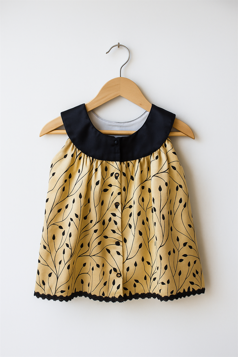 Elegant golden and black dress dress featuring a buttoned full open back, showcasing a simple and elegant design.