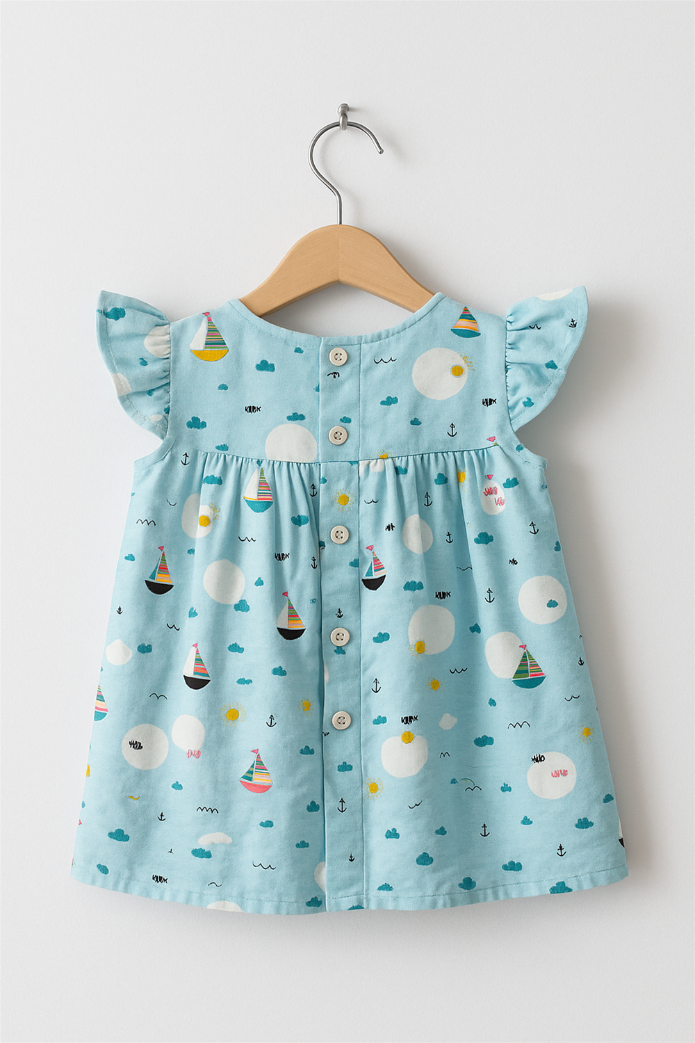Back view of baby dress on hanger – Light blue baby dress featuring buttons down the back, flutter sleeves, and playful nautical sailboat print.