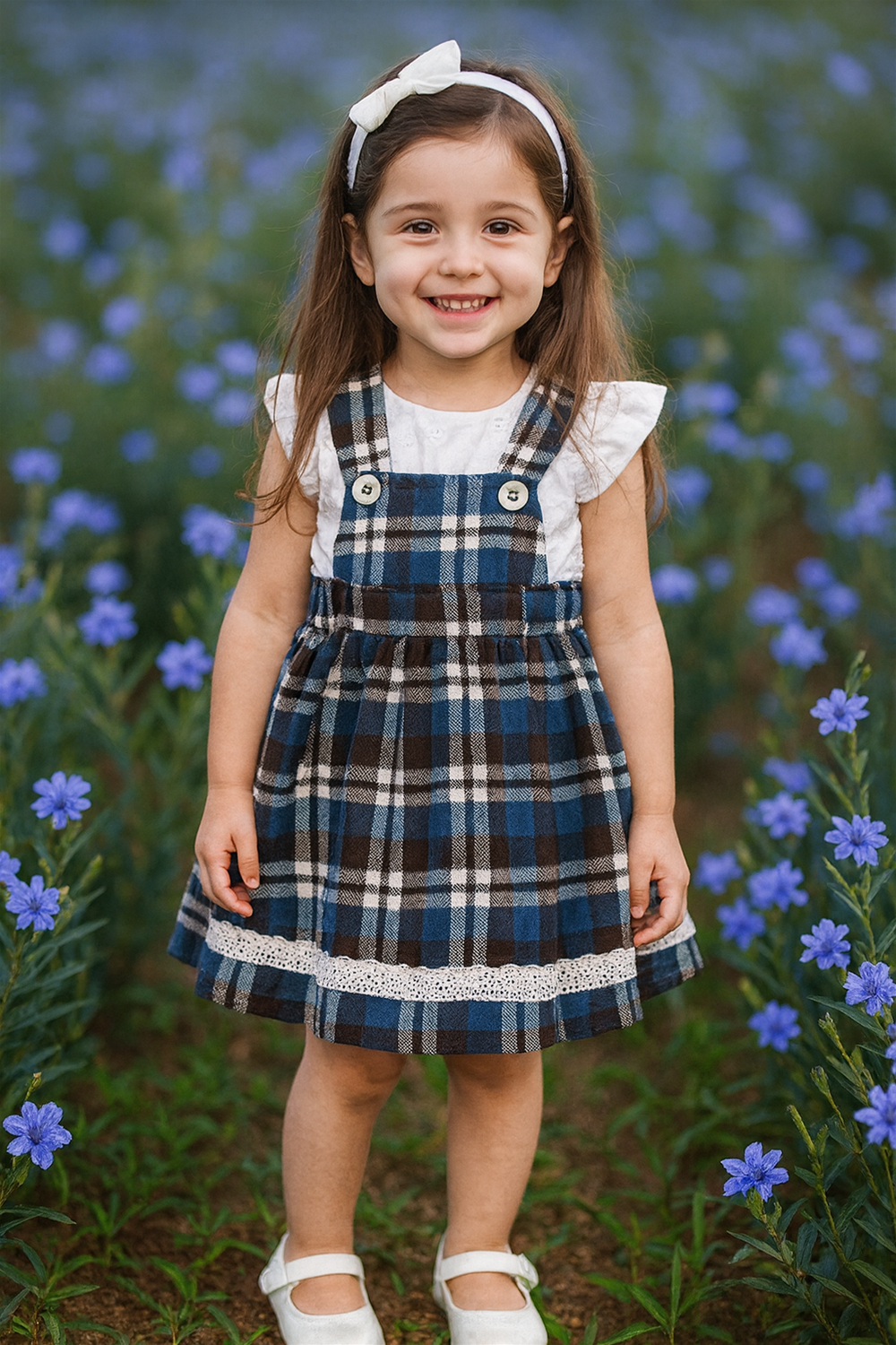 Smiling little girl wearing Blue tartan party frock with white blouse, matching hair bow.