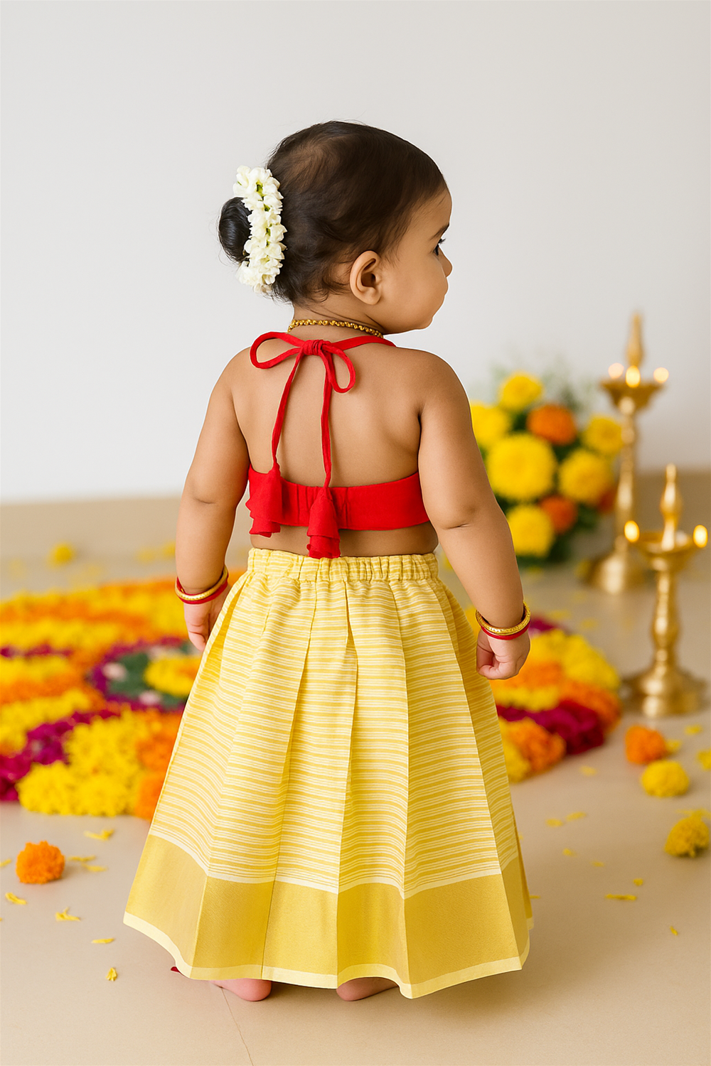 A baby girl shows the back view of her traditional red halter-neck blouse tied with tassels and a yellow striped skirt. She wears jasmine flowers in her bun, standing barefoot in front of marigold flowers and lit brass lamps.