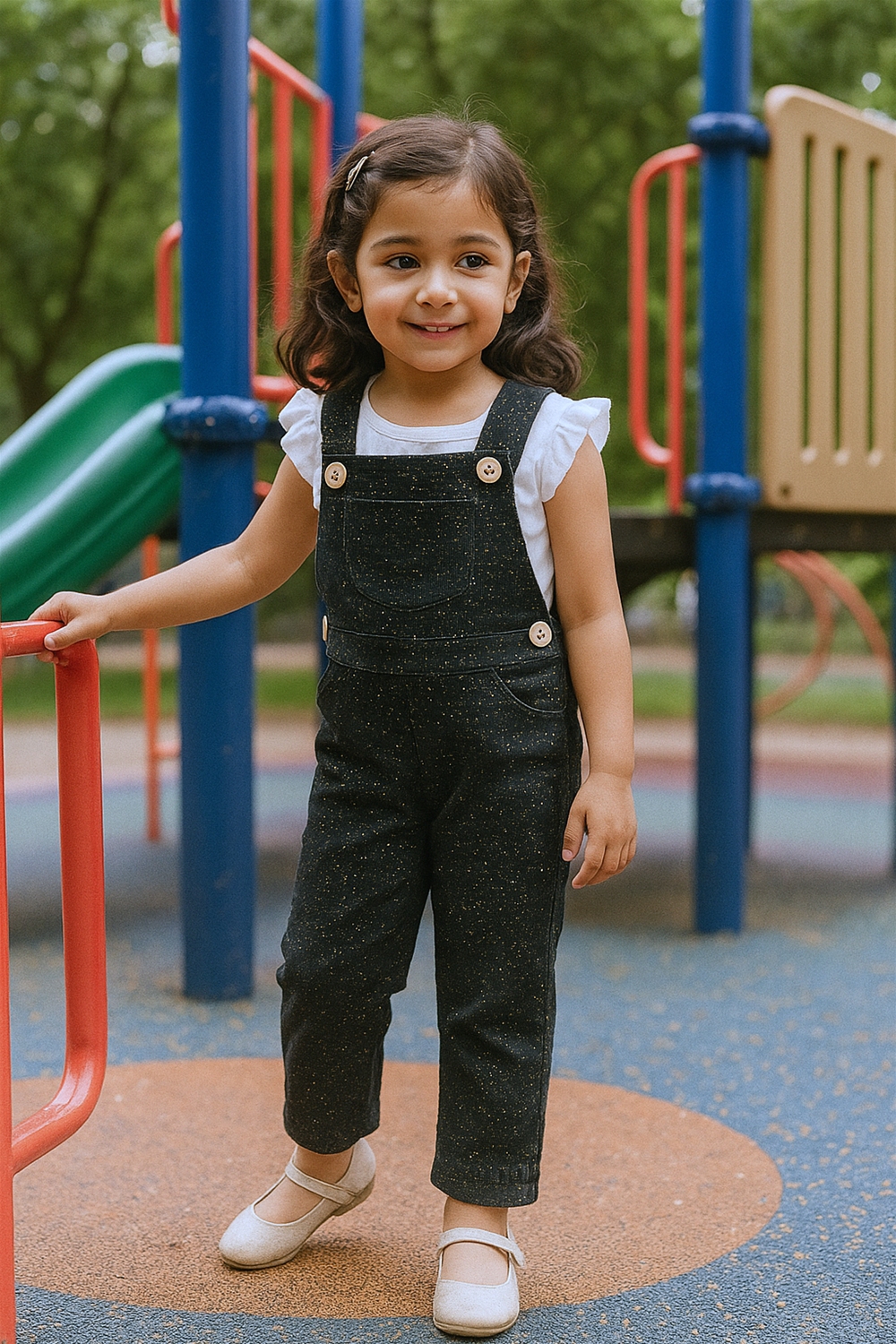 A young girl is smiling while standing on a playground, holding onto a red railing. She is wearing a white ruffle-sleeve top under black speckled overalls with wooden buttons, paired with beige shoes.