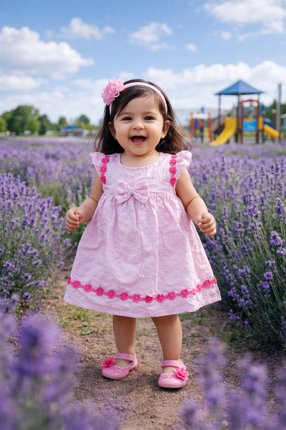 Smiling baby girl wearing a lavender embroidered dress with rose floral details, standing in a blooming flower field outdoors.