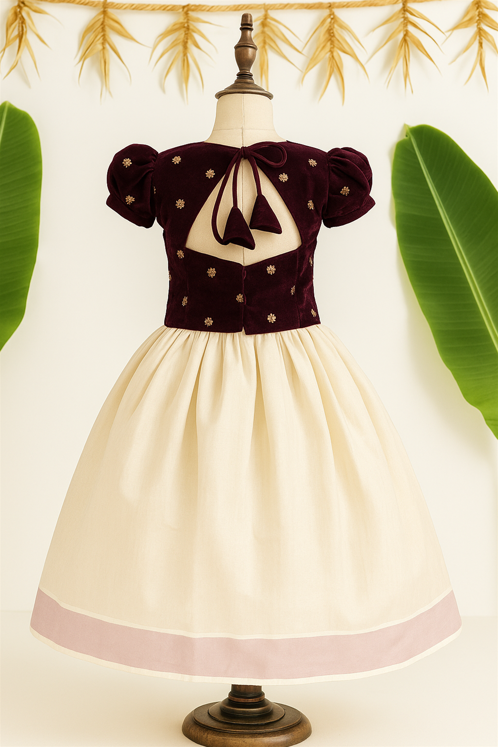 The back view of the same festive kids’ outfit is shown on a mannequin, with a deep cut blouse tied with tassels and paired with a flowing cream skirt. The display is set against a festive background with banana leaves and golden décor.
