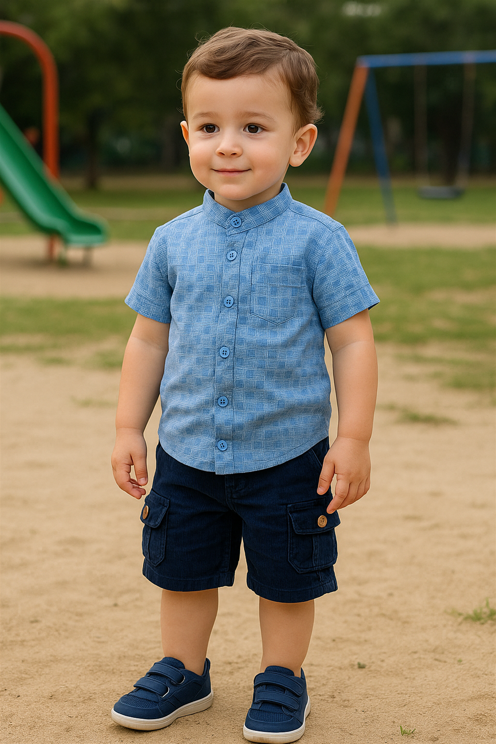 Front view of a toddler boy wearing a half-sleeve Chinese collar shirt in light blue with subtle checkered texture. The shirt features a button-down front and a chest pocket, paired with navy blue cargo shorts and matching shoes in a playground setting.