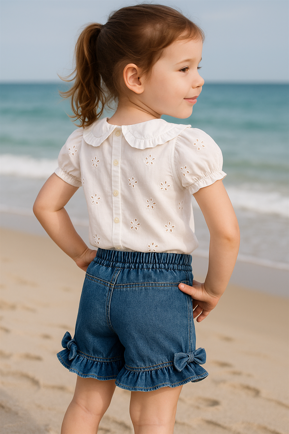 A girl is standing on the beach seen from the back wearing ruffled denim shorts with bow details and a cream embroidered blouse. The shorts feature back pockets and an elastic waistband, making them both stylish and comfortable.