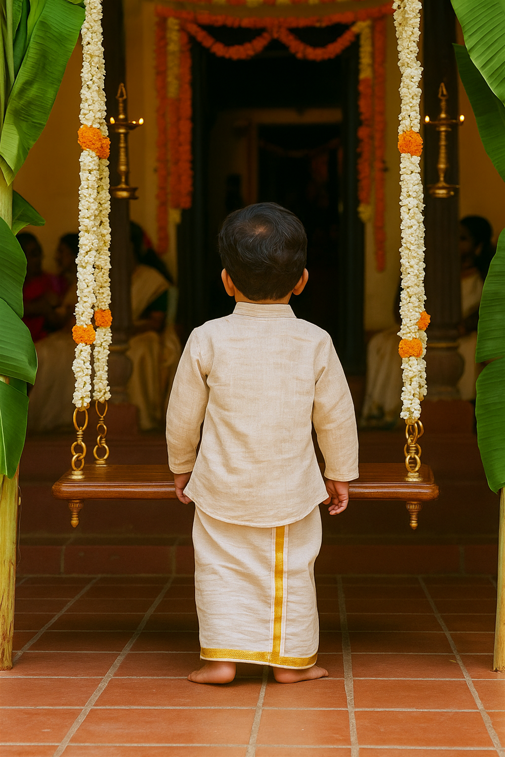 A little boy in Dull Off white kurta and dhoti stands near a decorated swing, enjoying the festive Onam ambiance.