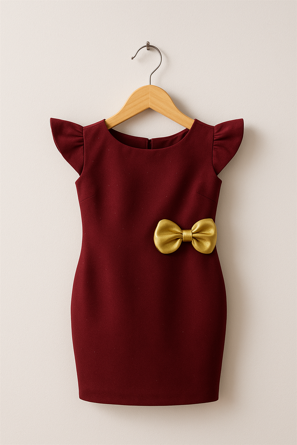 A maroon dress adorned with a gold bow display in a wooden hanger.