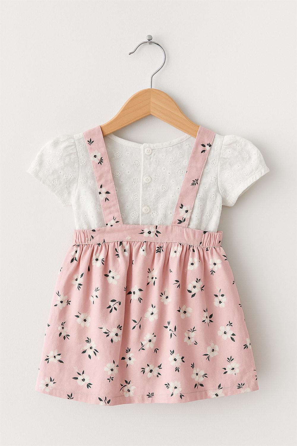 A baby girl's pink floral dress layered over a white shirt and white t-shirt, showcasing a cute and playful outfit.