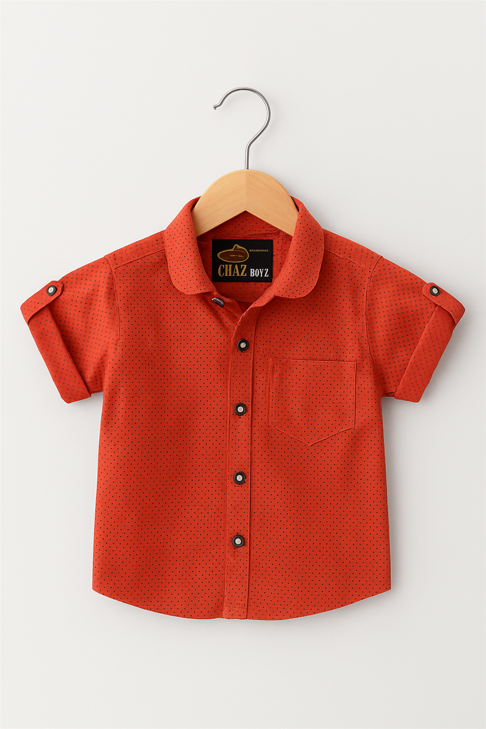 A boy's red half-sleeve club collar shirt featuring a standard look.