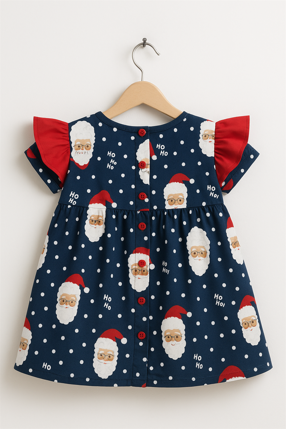 A navy blue baby frock with Santa Claus prints, white polka dots, red flutter sleeves, and back button design on hanger.