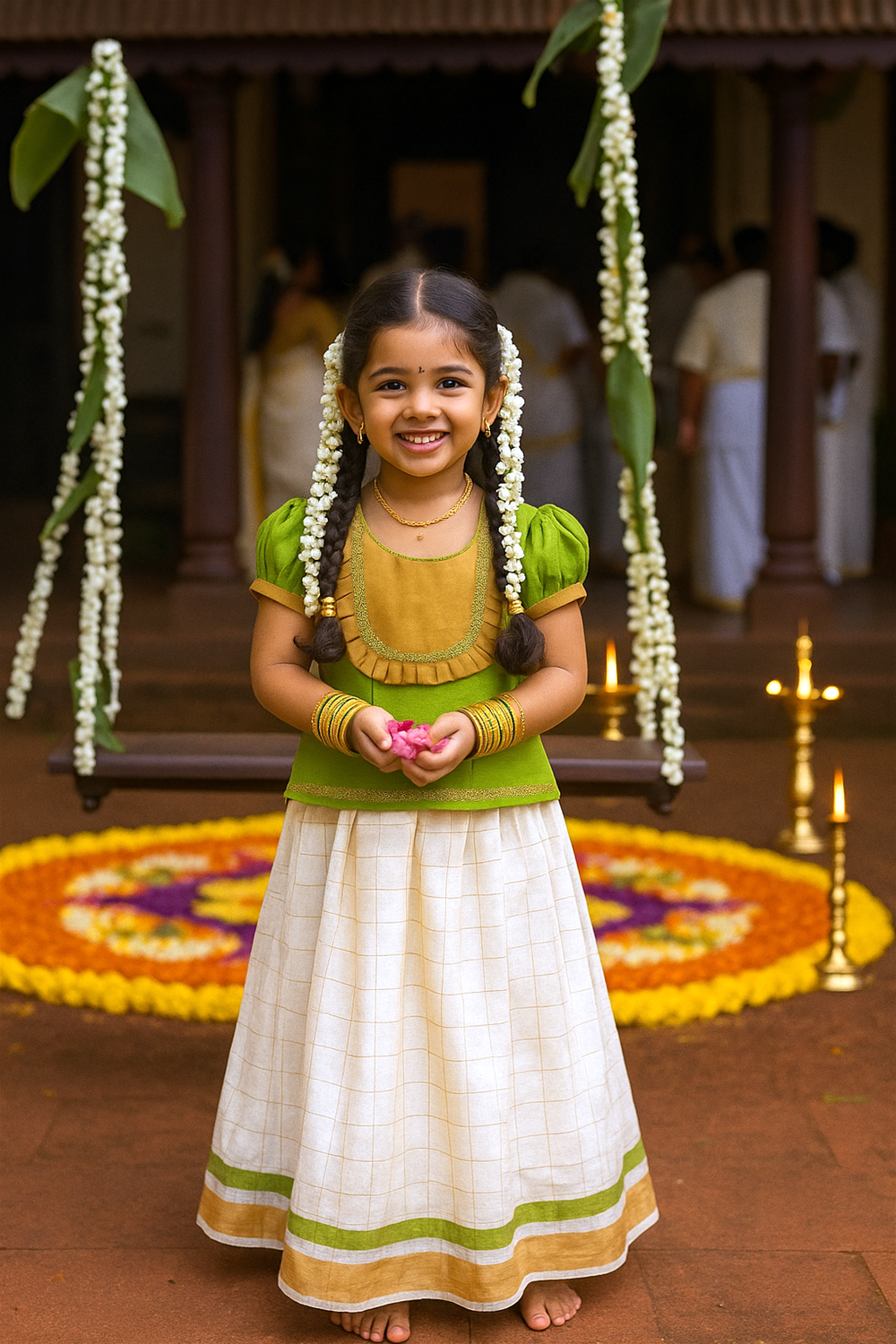 A young girl dressed in a traditional green and mustard Kerala outfit smiles joyfully while holding pink flower petals, standing in front of a decorated swing and a colorful flower rangoli during Onam celebrations. The background shows lit lamps, banana leaves, and people in traditional attire, adding to the festive atmosphere
