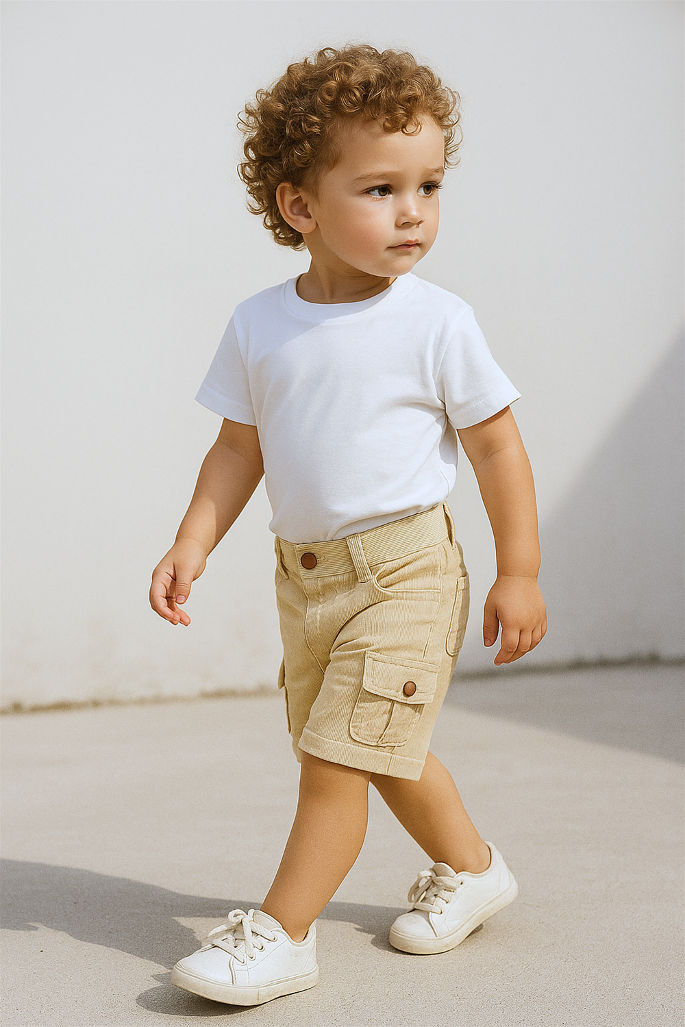 A toddler with curly hair confidently walking outdoors in bright sunlight, dressed in a plain white t-shirt, beige corduroy cargo shorts with flap pockets, and white lace-up sneakers. The child is looking ahead with a composed expression, and the minimalist background emphasizes the outfit's soft, neutral tones.