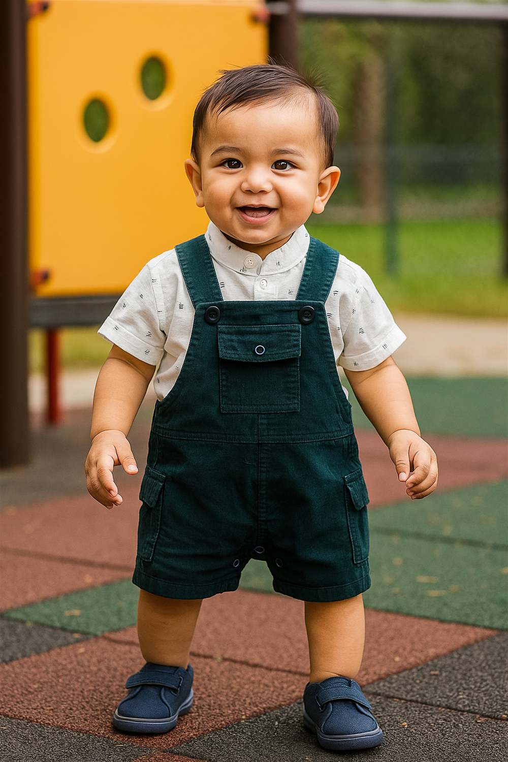 Happy toddler boy in green dungaree and white printed shirt smiles brightly, standing confidently on colorful playground floor.
