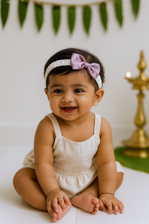 A white elastic hairband with a large mauve satin bow is displayed on a clean white background, decorated with banana leaves, hanging garlands, and a traditional golden lamp. The setup creates a festive and elegant presentation.