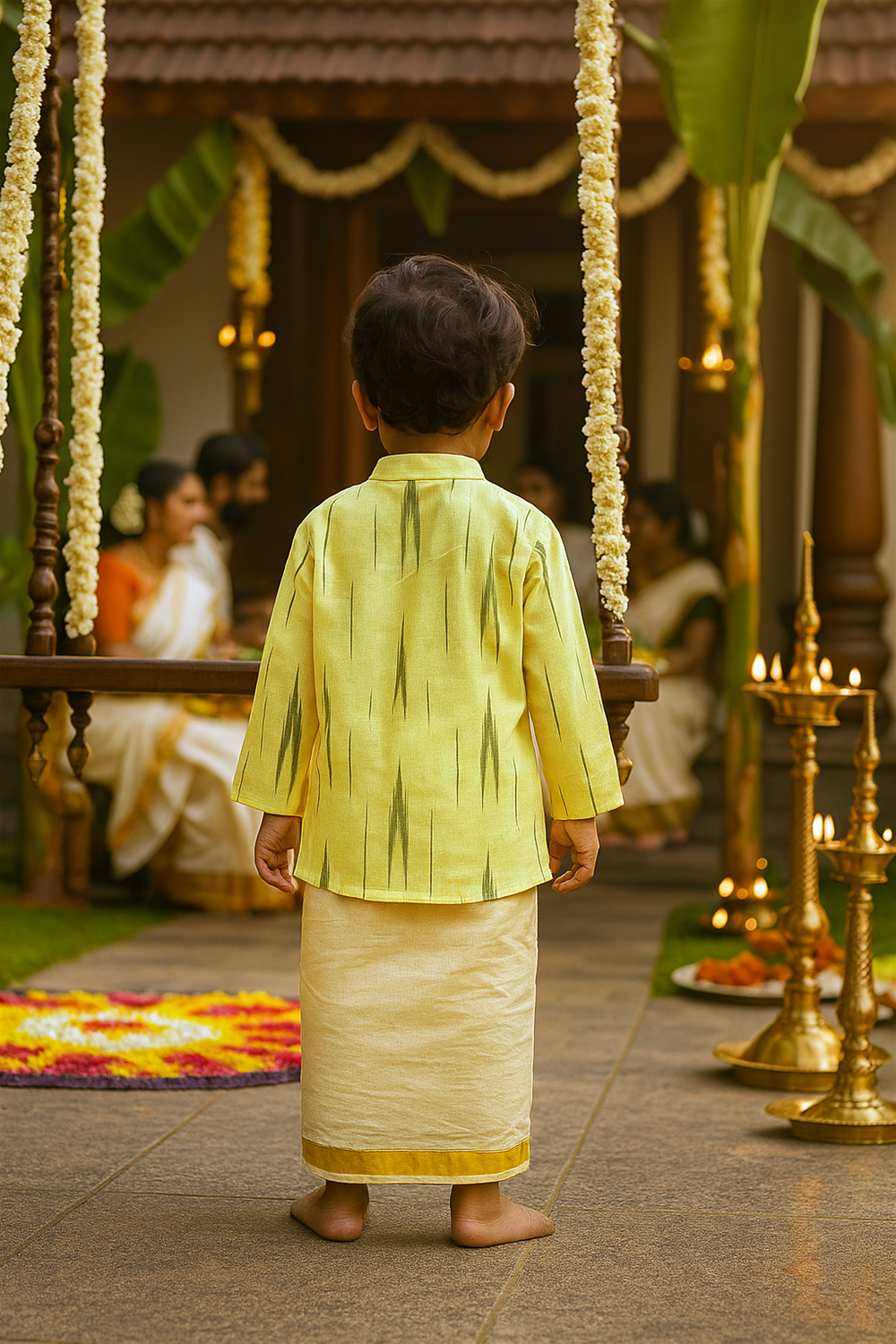 A young boy, seen from behind, wears a yellow patterned kurta with cream dhoti, standing in front of Onam floral décor.