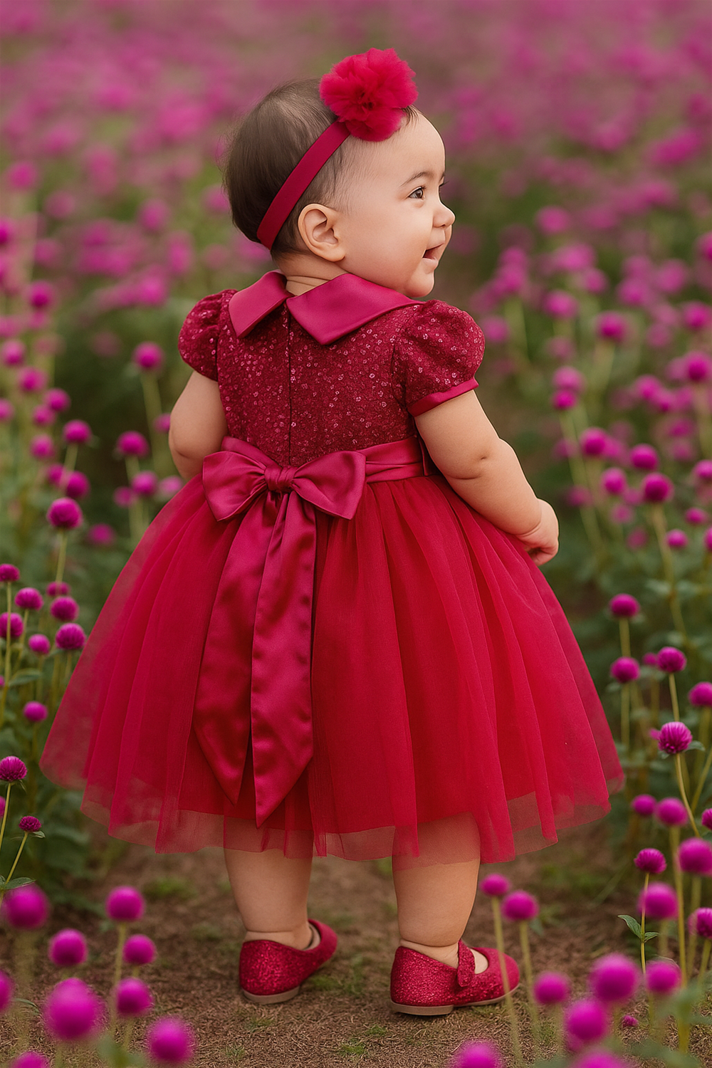 Smiling baby girl in purple frock with bow back, headband, red shoes, standing amidst pink globe amaranth flowers.