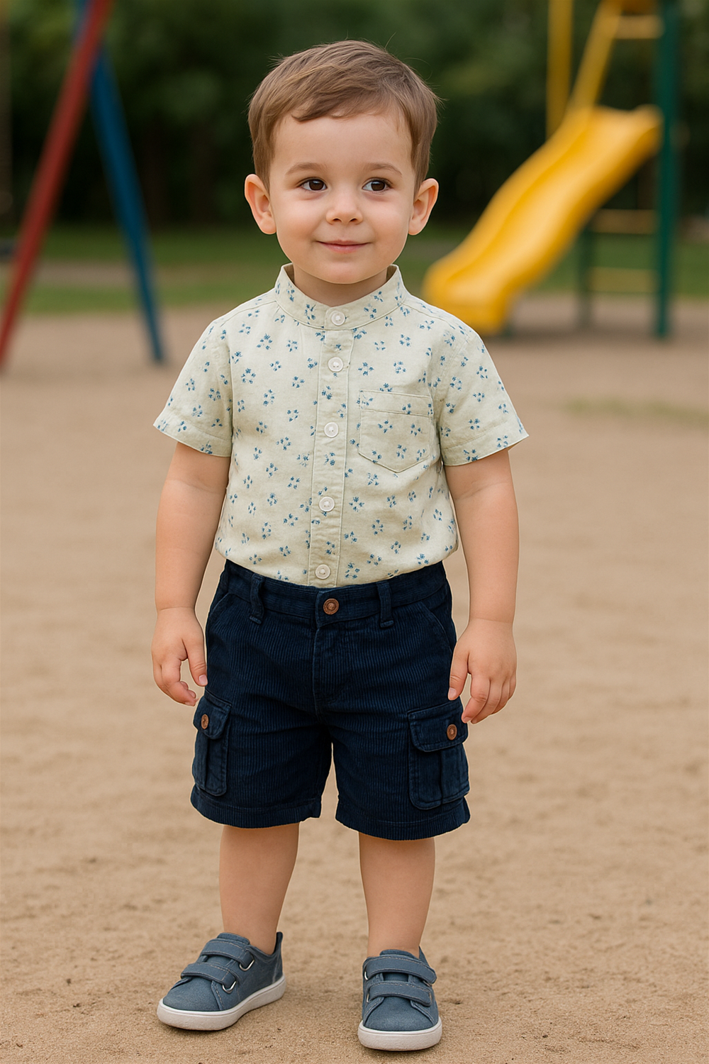 A toddler boy wearing a half-sleeve Chinese collar shirt with a light floral print, paired with navy blue shorts. The outfit is styled for a casual day at the playground, offering both comfort and a smart look.