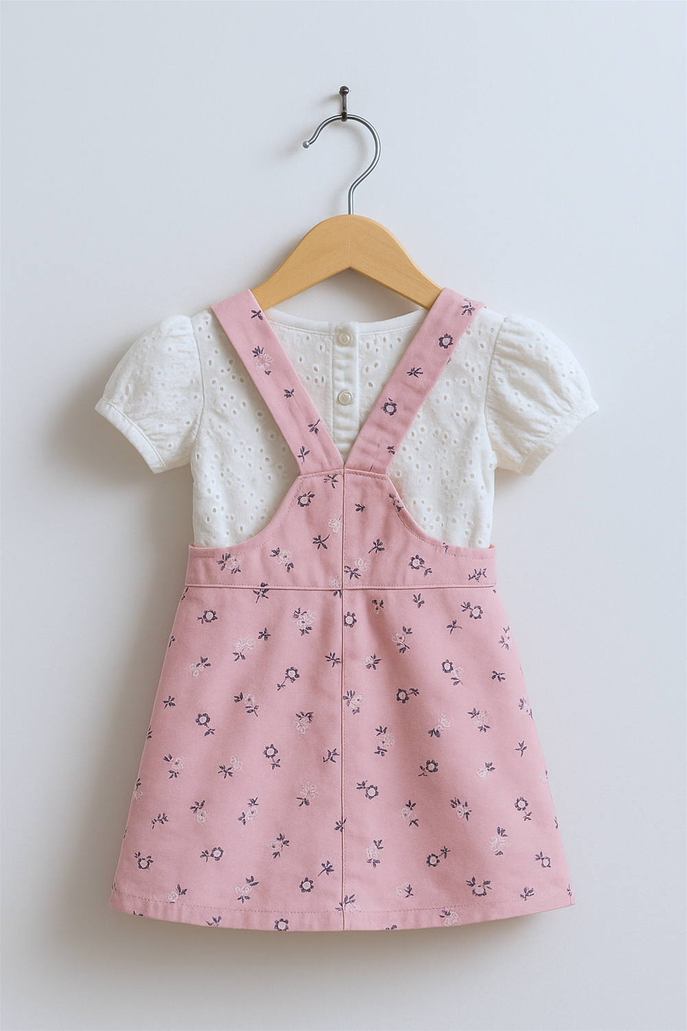 A back view of a baby girl's pink floral pinafore dress layered over a white puff-sleeve eyelet top, displayed on a wooden hanger. The crossed-back straps and button-down detail on the inner top add charm against the minimal white background.