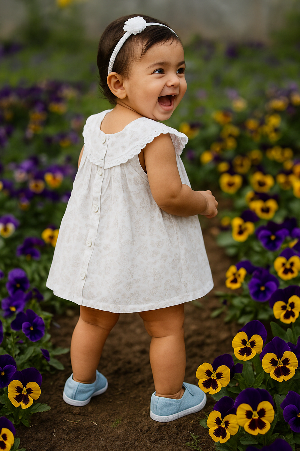 Happy baby wearing beige floral dress with lace collar and buttoned back, standing in garden surrounded by colorful pansy flowers.