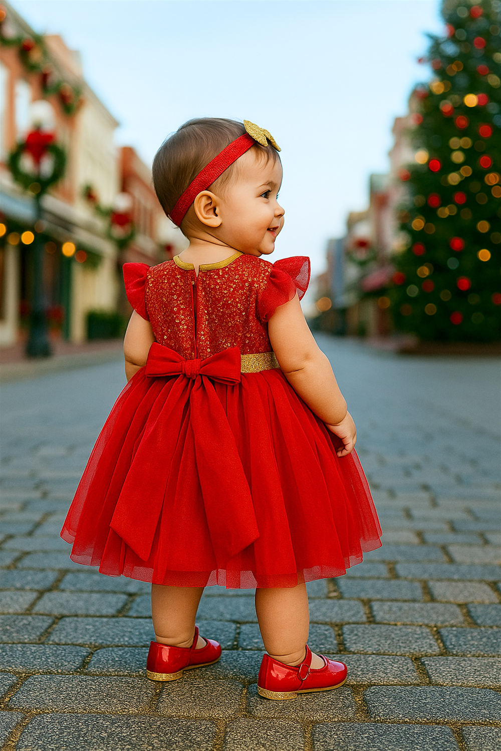 Baby girl in red dress with golden bow walking joyfully down Christmas-decorated street, smiling near festive tree.