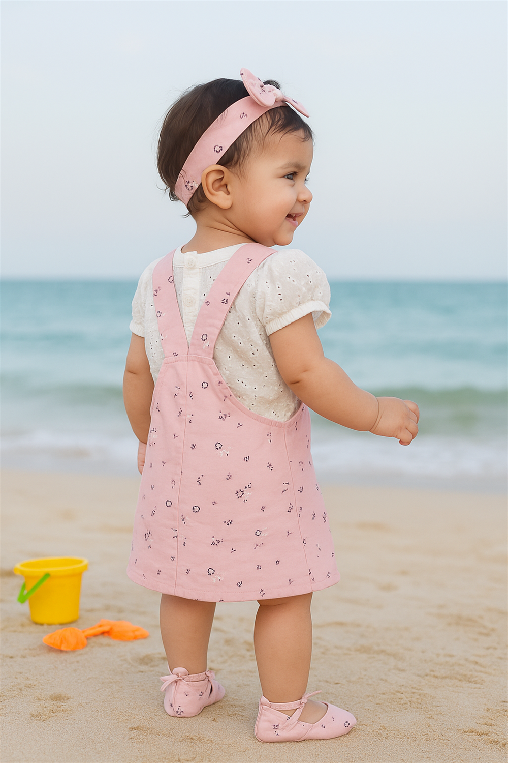 A cheerful baby girl in a pink printed pinafore dress and matching bow headband smiles while playing on a sandy beach. She’s wearing soft pink shoes, standing confidently near colorful beach toys with the sea and sky in the background.