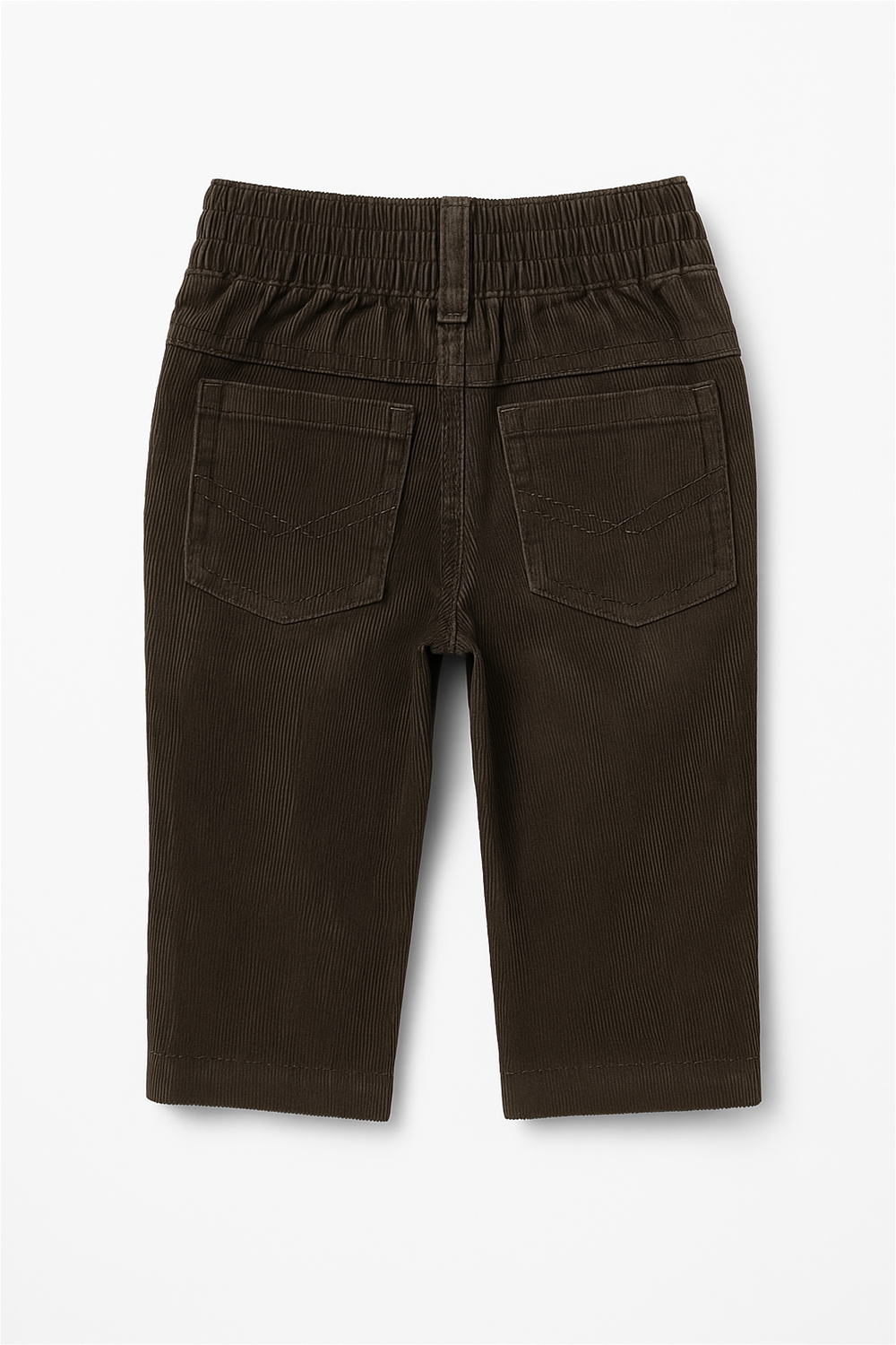 A pair of toddler boys' dark olive green corduroy pants displayed flat from the back against a white background. The pants feature an elasticated waistband for comfort, two back patch pockets with chevron-style stitching, and a fine ribbed corduroy texture. The design is simple and functional, suitable for everyday wear with added ease of movement.