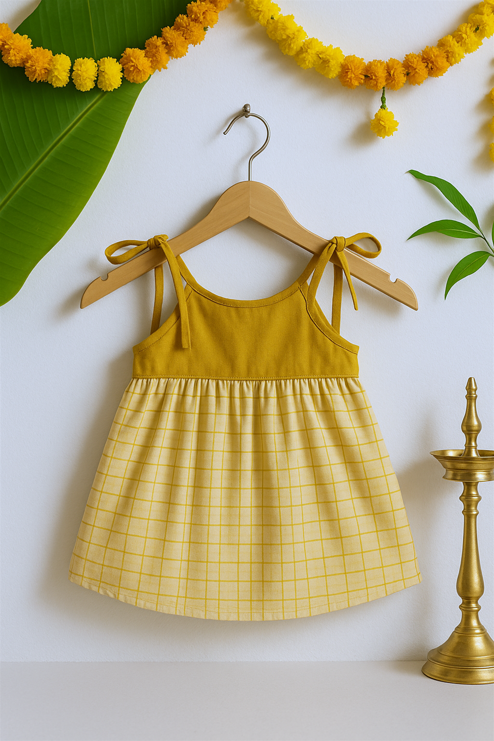 A yellow baby Onam dress with a mustard bodice, tie-knot shoulder straps, and a checkered skirt is displayed on a wooden hanger. The festive backdrop with marigold garlands, banana leaves, and a brass lamp highlights its traditional charm.