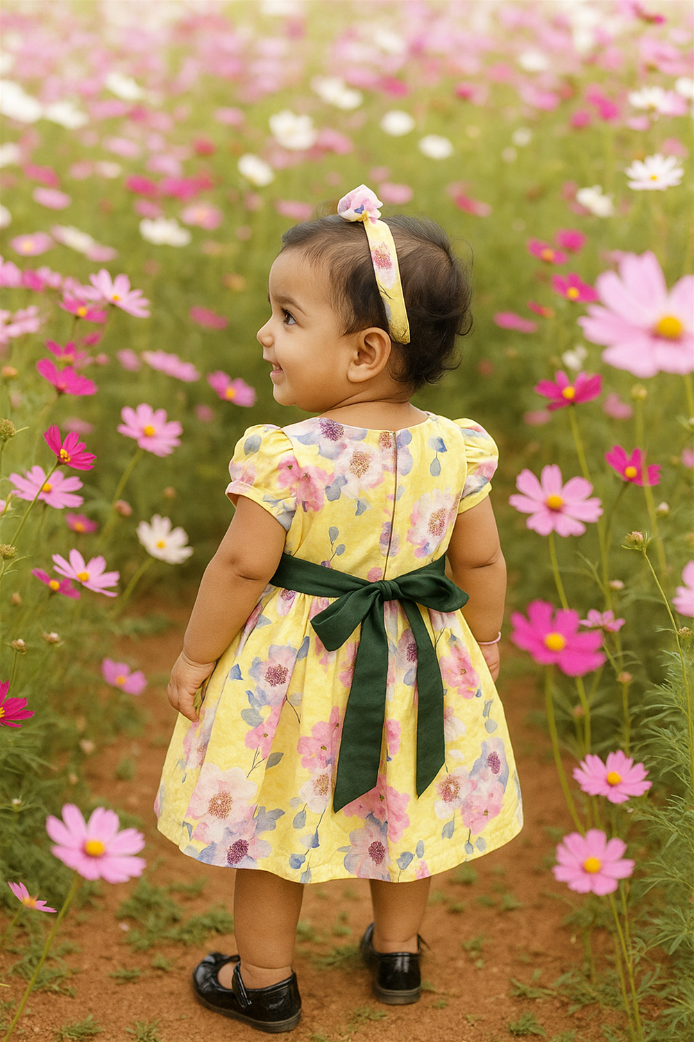  A baby girl wearing a yellow dress stands amidst a blooming field of flowers, surrounded by nature's beauty. Back view.