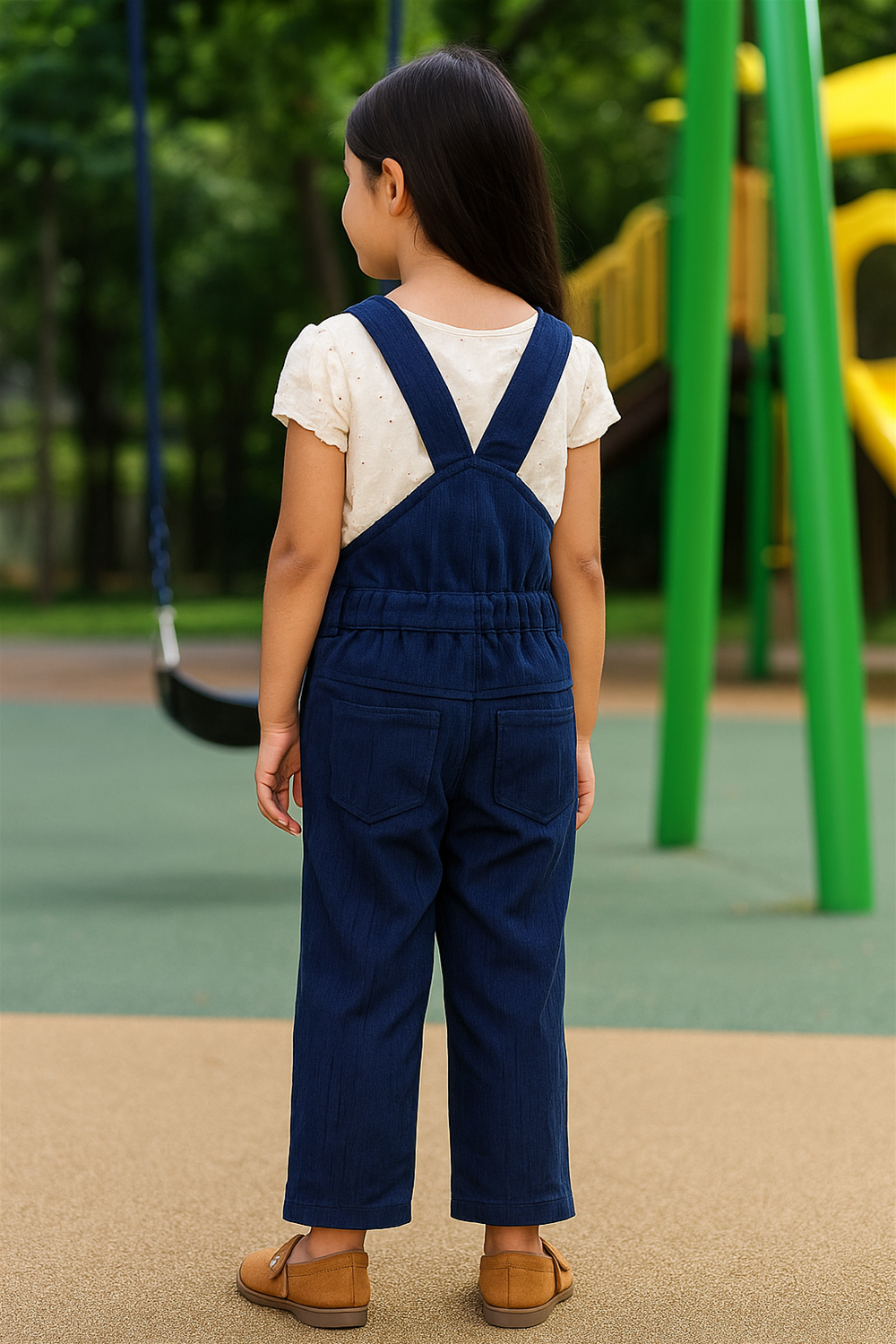 Young girl in a cream short-sleeve top and navy-blue corduroy dungarees with crossed back straps, standing in a playground. The dungarees feature an elastic waistband and back patch pockets.