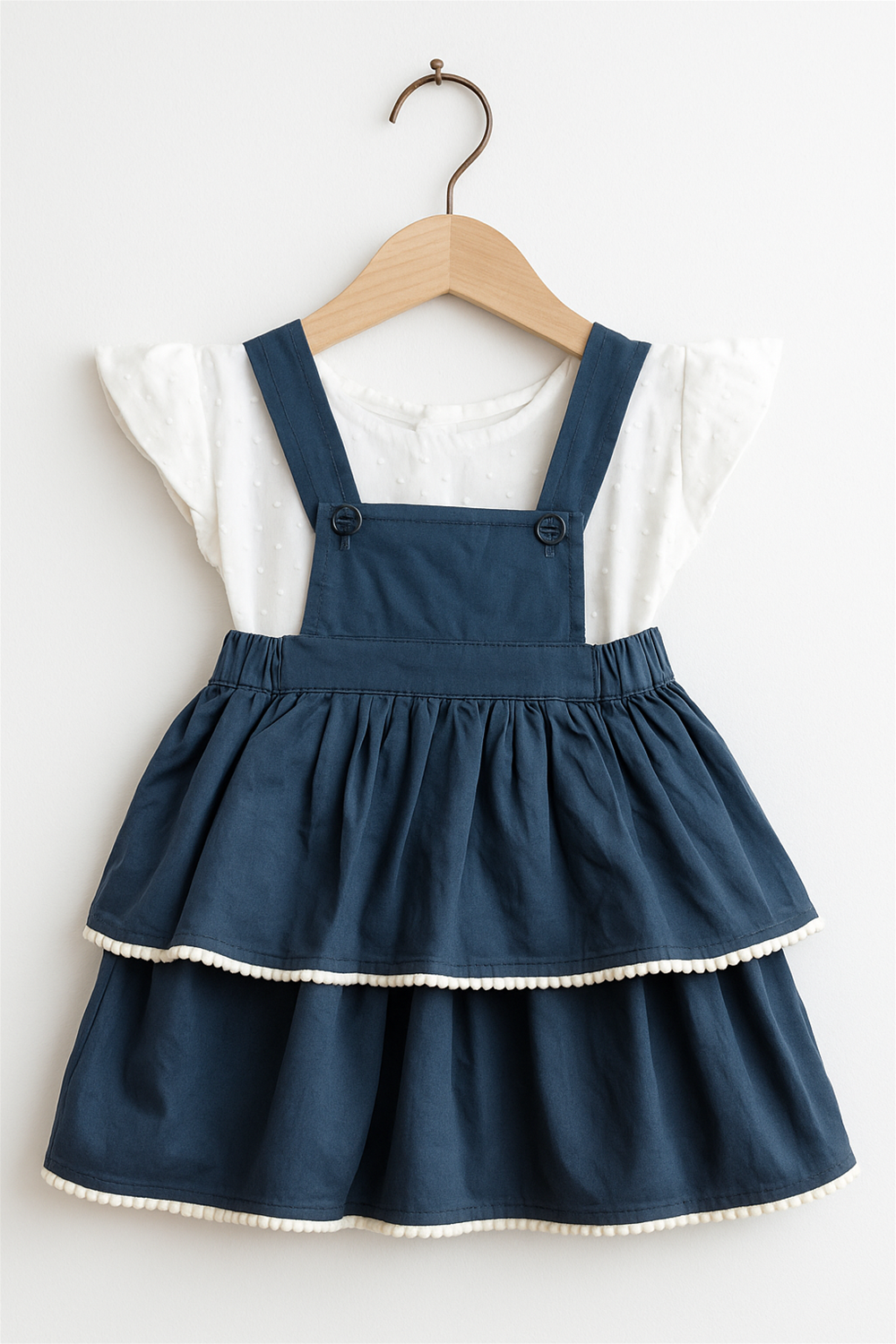Grey blue baby girl's dress with Pom Pom lace at the layers end, showcasing a classic and elegant design suitable for various occasions.