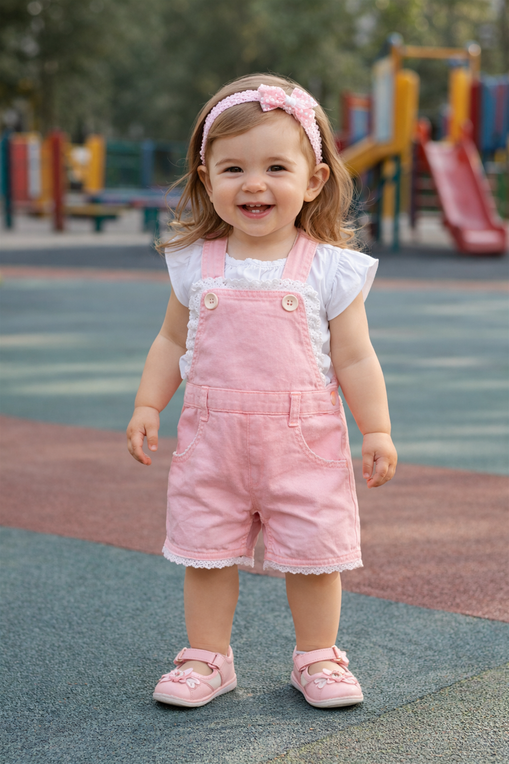 Smiling toddler girl wearing light pink dungaree with bow and white top, standing outdoors in playground setting.