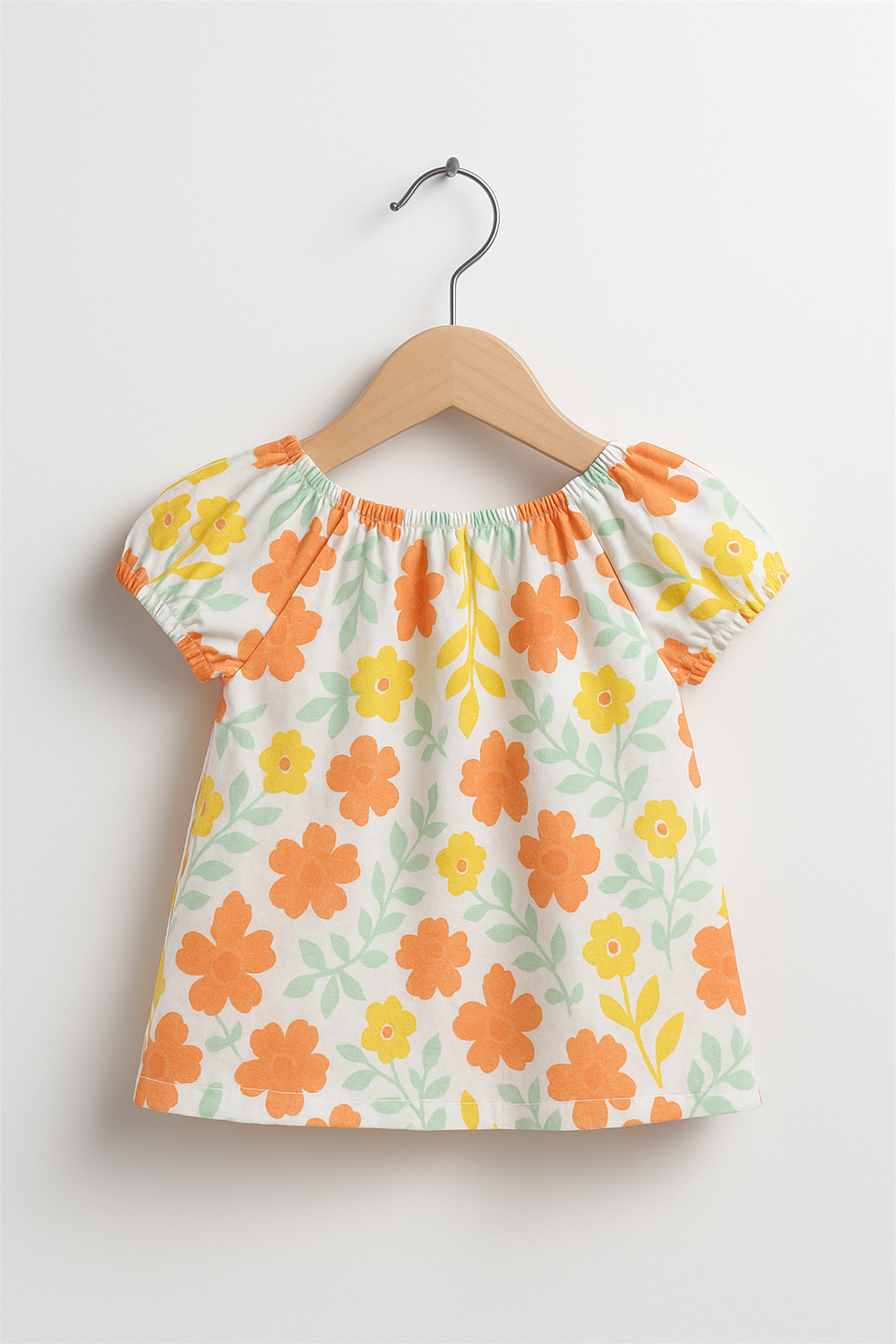 A baby girl’s short-sleeve floral top on a wooden hanger, decorated with orange and yellow flowers, perfect summer wear.