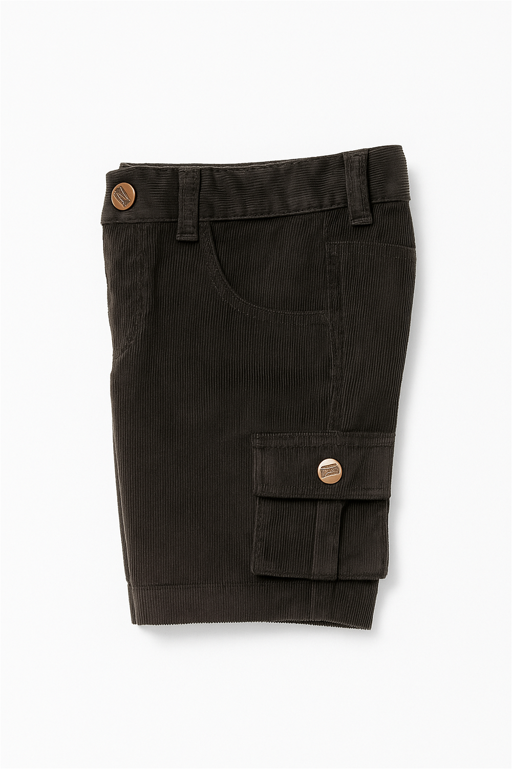 Dark Brown Corduroy with box side pockets and buttons., Ideal for casual wear. In side folded.