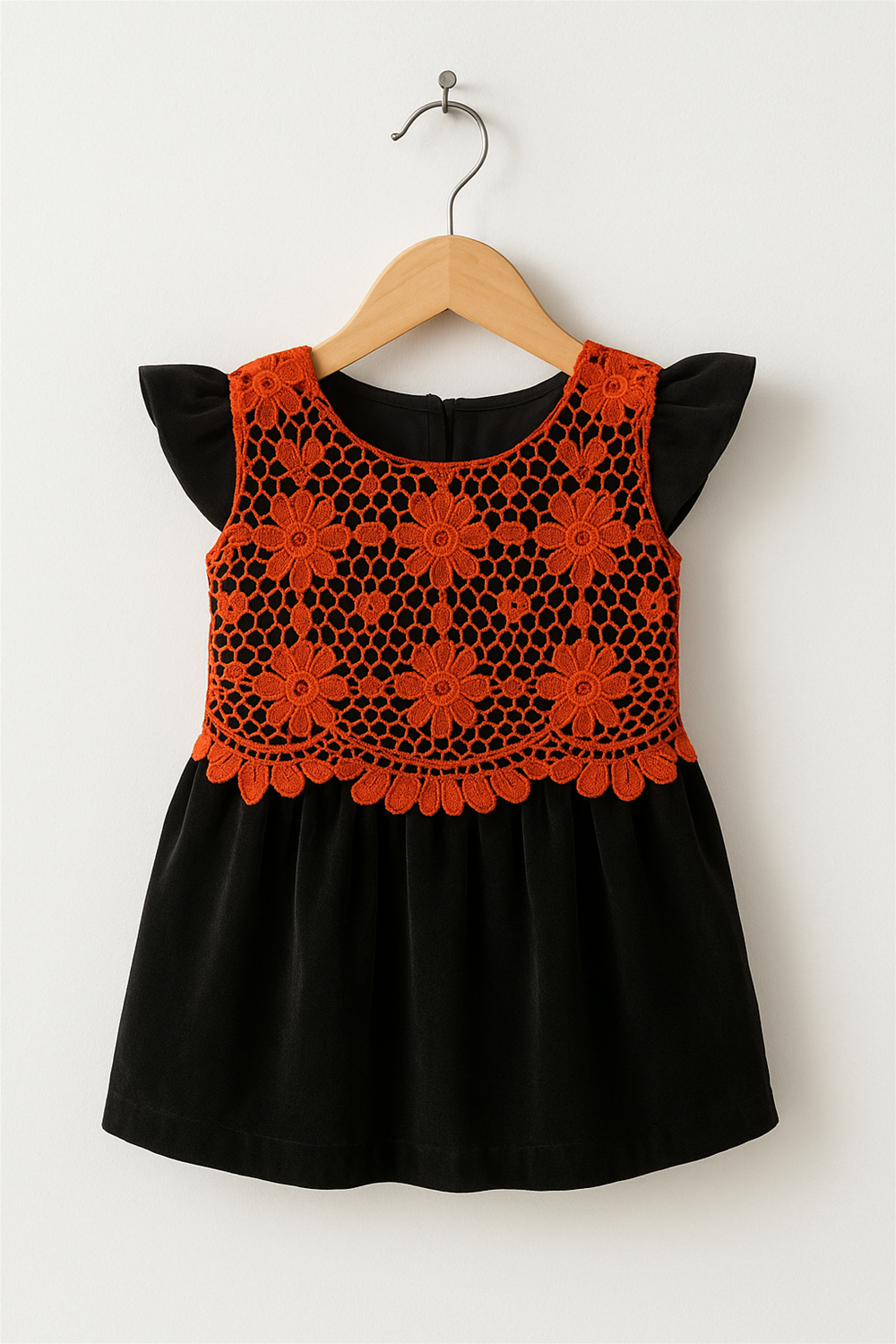 A red cut work dress with black velvet in a wooden hanger front view.