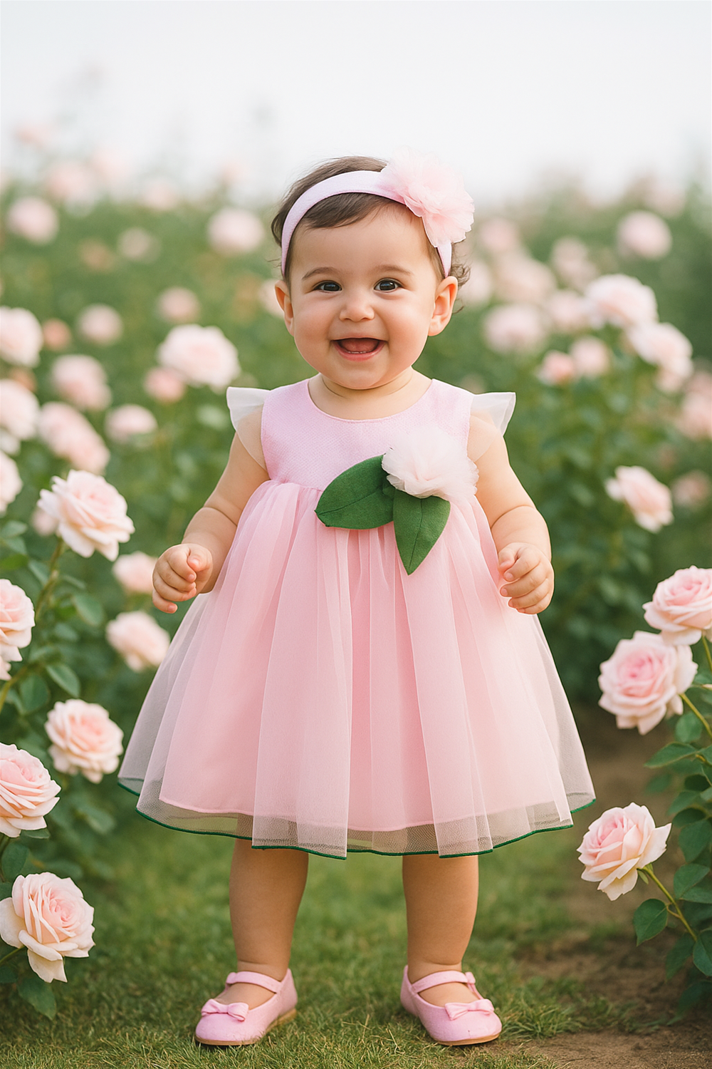 A smiling baby girl wearing a white frock adorned with a pink flower and green leaves, surrounded by a garden of white blooms.