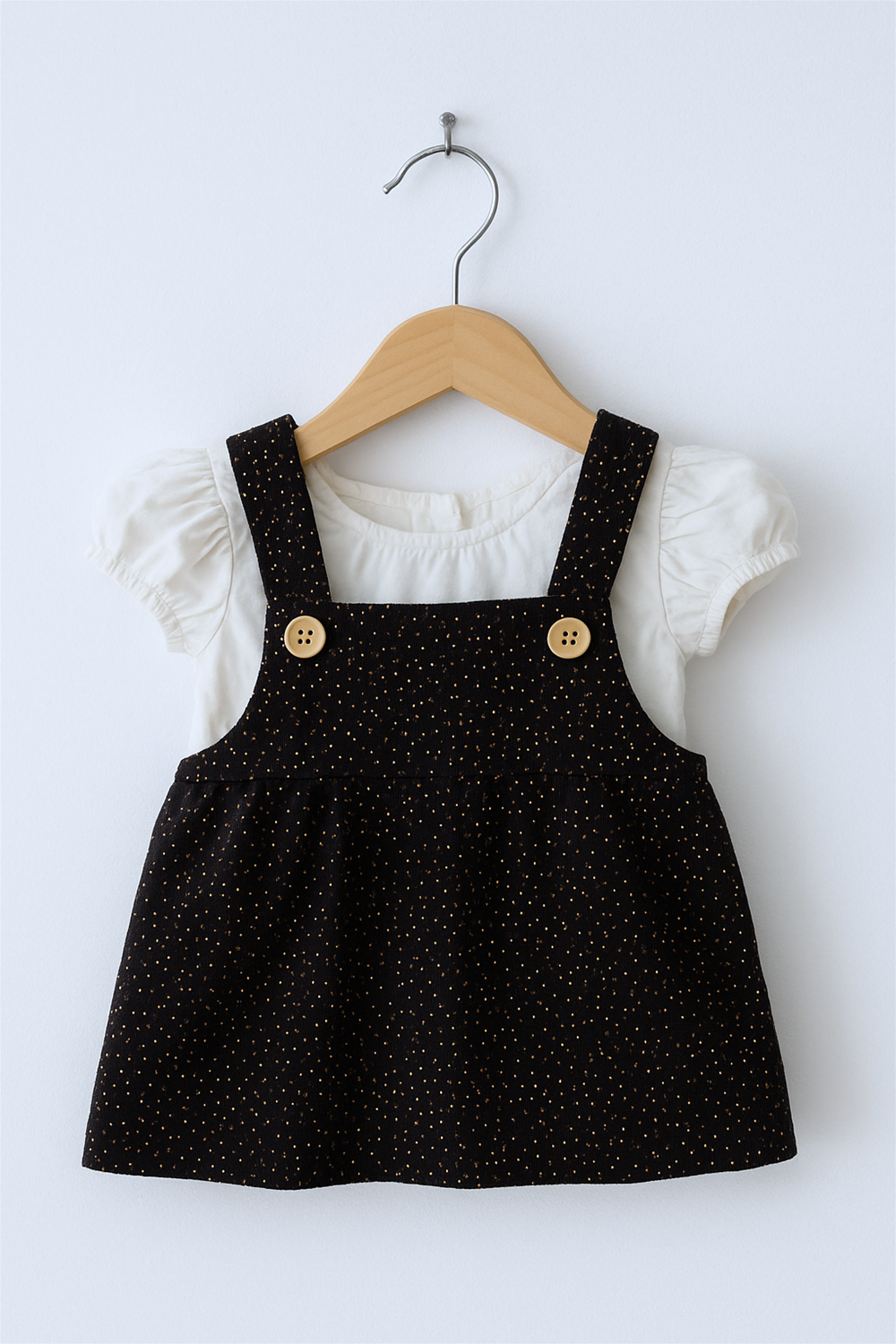 A black sparkling pinafore dress in hanger.