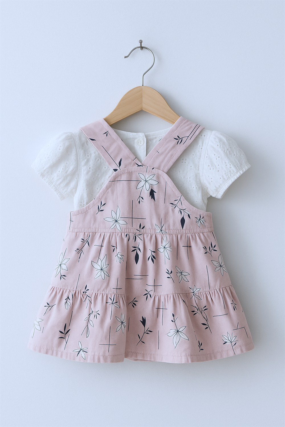 A back view of a baby girl's pink floral dungaree dress with cross-back straps, layered over a white puff-sleeve top. Displayed on a wooden hanger against a plain white background with soft studio lighting.