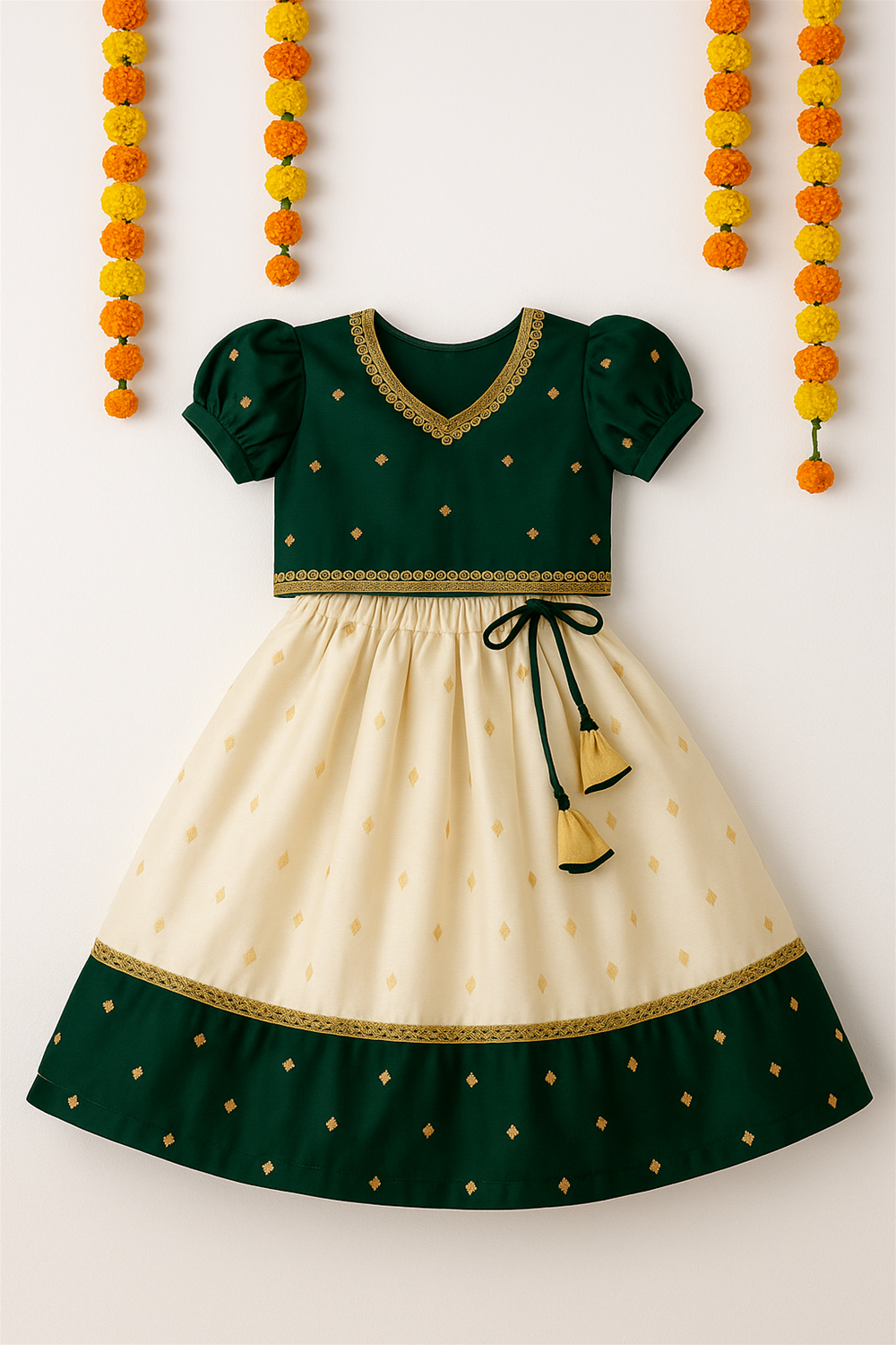 Green and cream ethnic frock with golden motifs, puff sleeves, tassel tie detail, displayed beautifully against marigold garland festive backdrop.