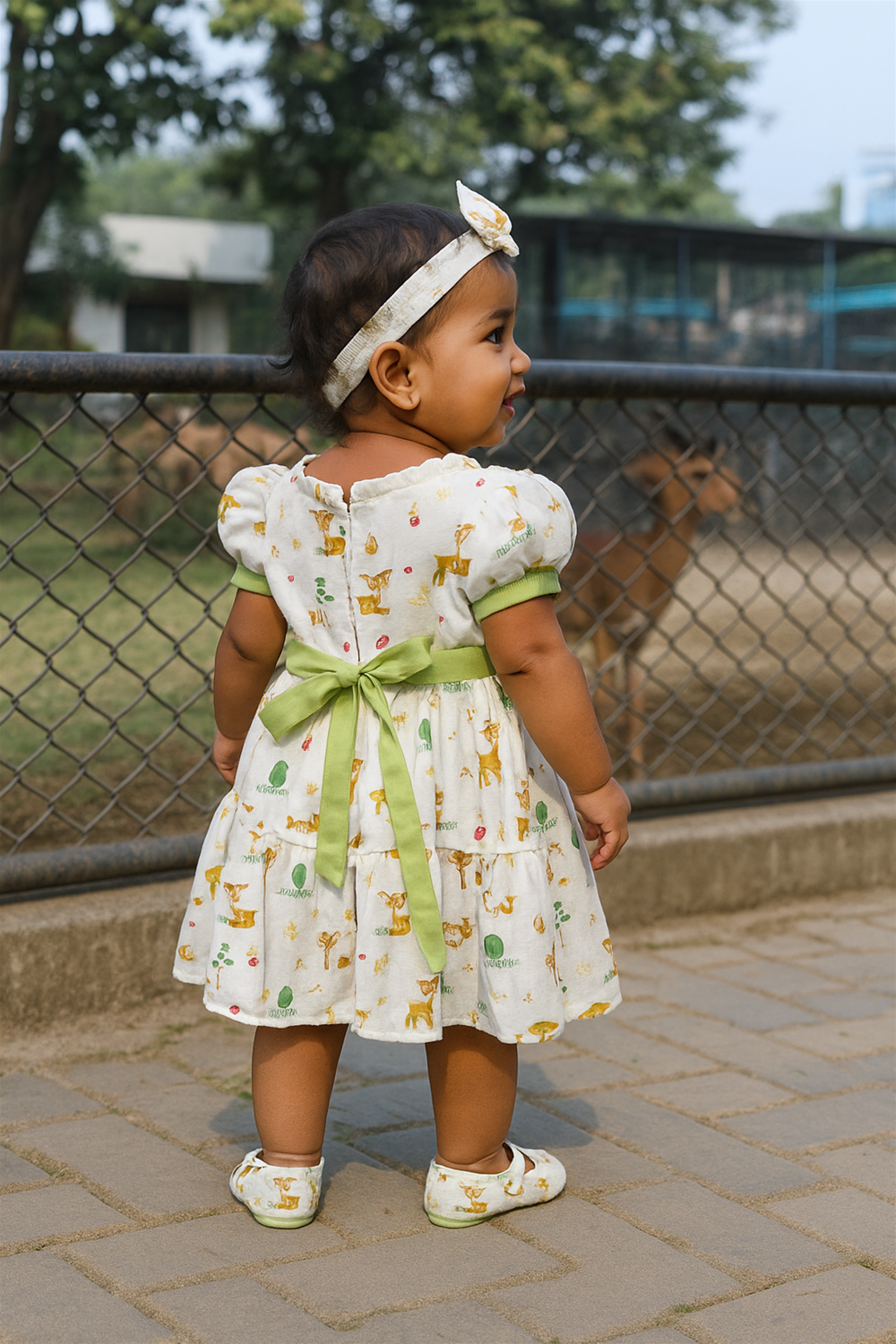 A baby girl's dress featuring a playful design of deer and leaves in soft colors. Back side.