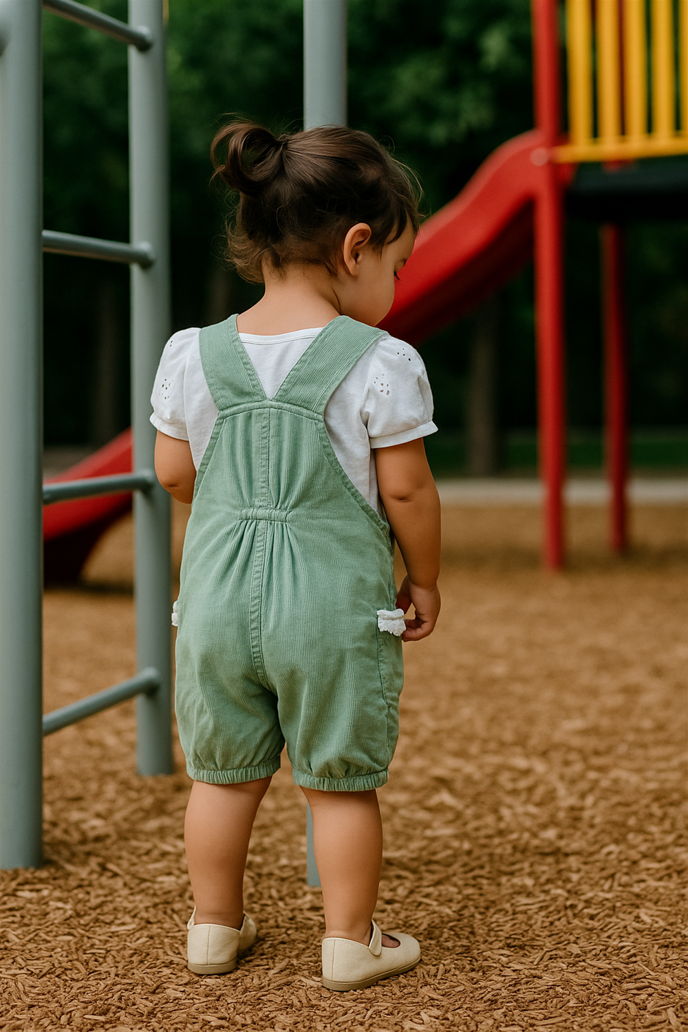 A toddler stands in a playground, facing away from the camera, wearing a green corduroy overall with a white embroidered-sleeve shirt. The child is positioned near playground equipment, with a mulch-covered ground beneath their feet and neutral-colored shoes.