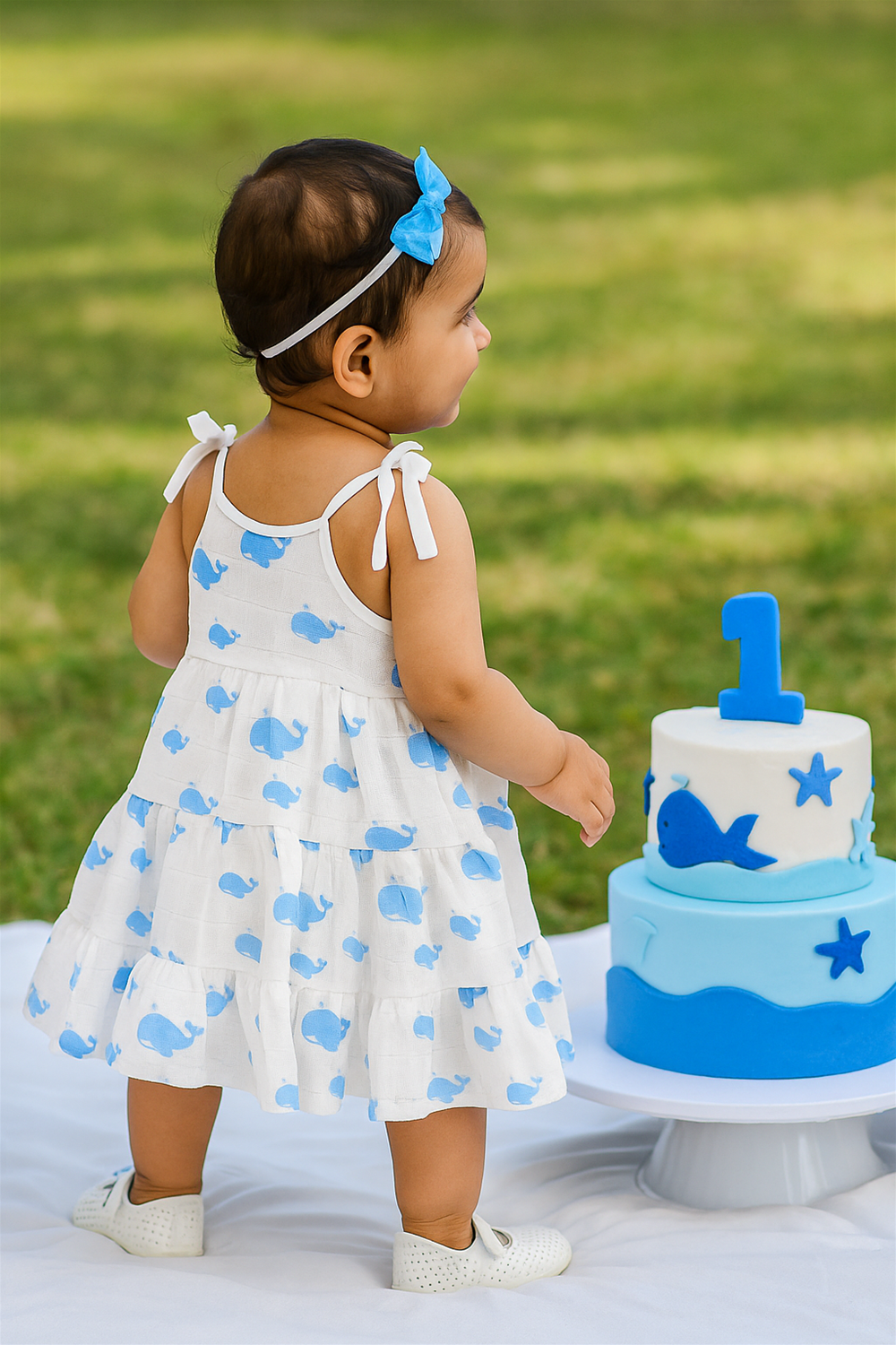 A baby girl wearing a white dress with blue whale prints and matching blue bow headband stands near a whale-themed birthday cake. Captured from the back in a sunny outdoor setting, the scene highlights a joyful first birthday celebration.