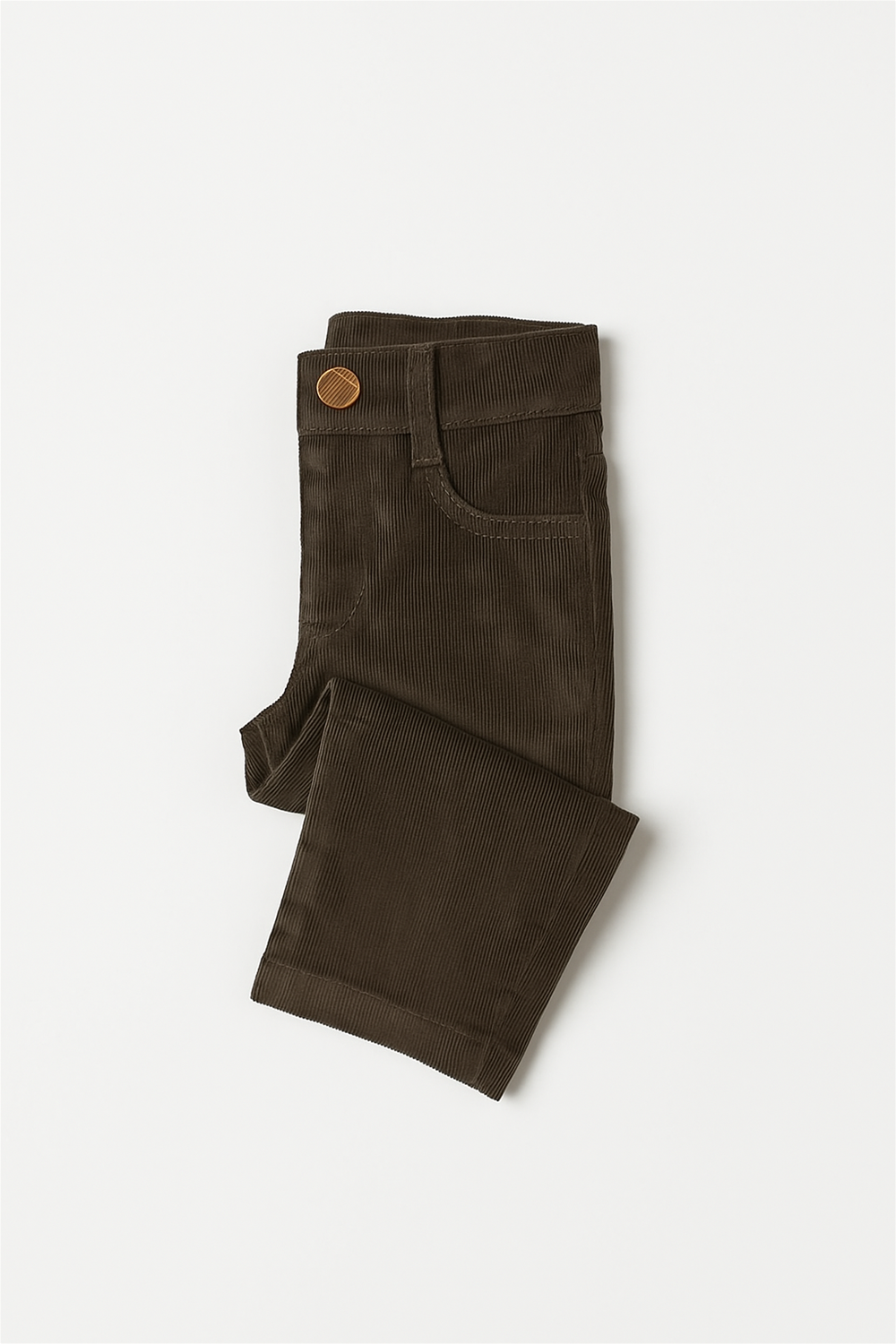 A pair of dark olive corduroy toddler pants displayed in a neatly folded presentation style on a clean white background. The pants are folded lengthwise with one leg tucked under the other, showcasing the front pocket, waistband with belt loop, and a wooden-textured button. The fine ribbing of the corduroy fabric is clearly visible, highlighting the texture and quality of the garment. Ideal for shop display or e-commerce product listings.