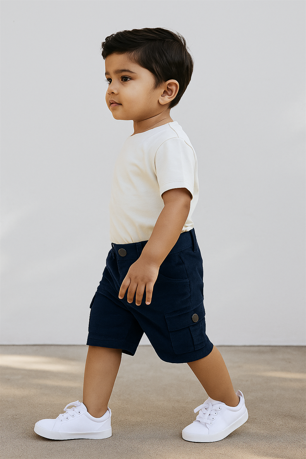 A young boy walking outdoors in natural light, wearing a cream-colored t-shirt paired with navy blue corduroy cargo shorts and white lace-up sneakers. The shorts feature flap side pockets with metal button closures, and the child has neatly styled hair and a composed expression against a minimalist light gray wall background.          Ask ChatGPT