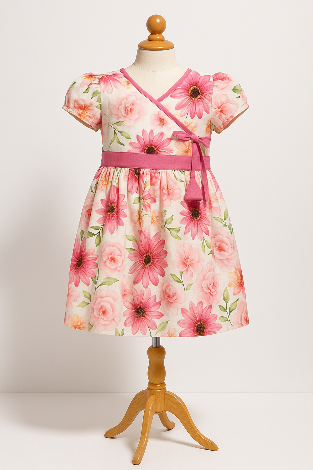 A charming baby girl's dress adorned with pink floral patterns and a stylish bow display in a foam mannequin. 