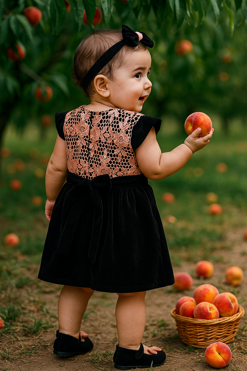 A baby girl wearing a Peach cut work with black velvet, smiling and standing in a Peach garden. Back View