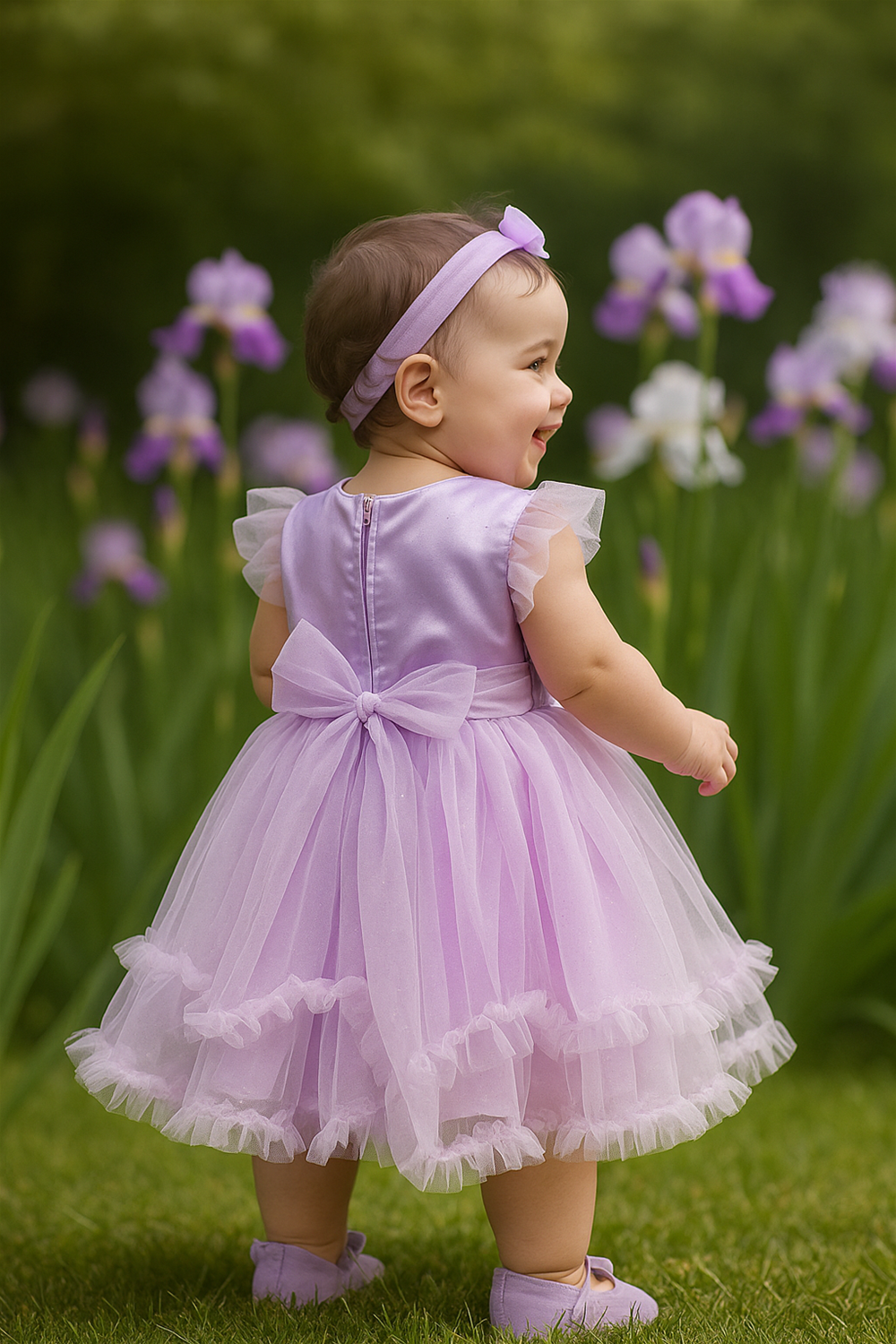Baby girl in lavender dress back view — Smiling baby girl in lavender frock with bow back detail, standing in garden near blooming purple irises.