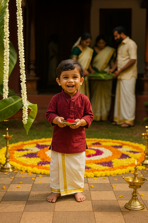 A joyful young boy dressed in a maroon kurta and traditional white dhoti with gold border stands barefoot during a festive celebration. He holds a small plate with red flowers, with a colorful floral rangoli and oil lamps decorating the background.