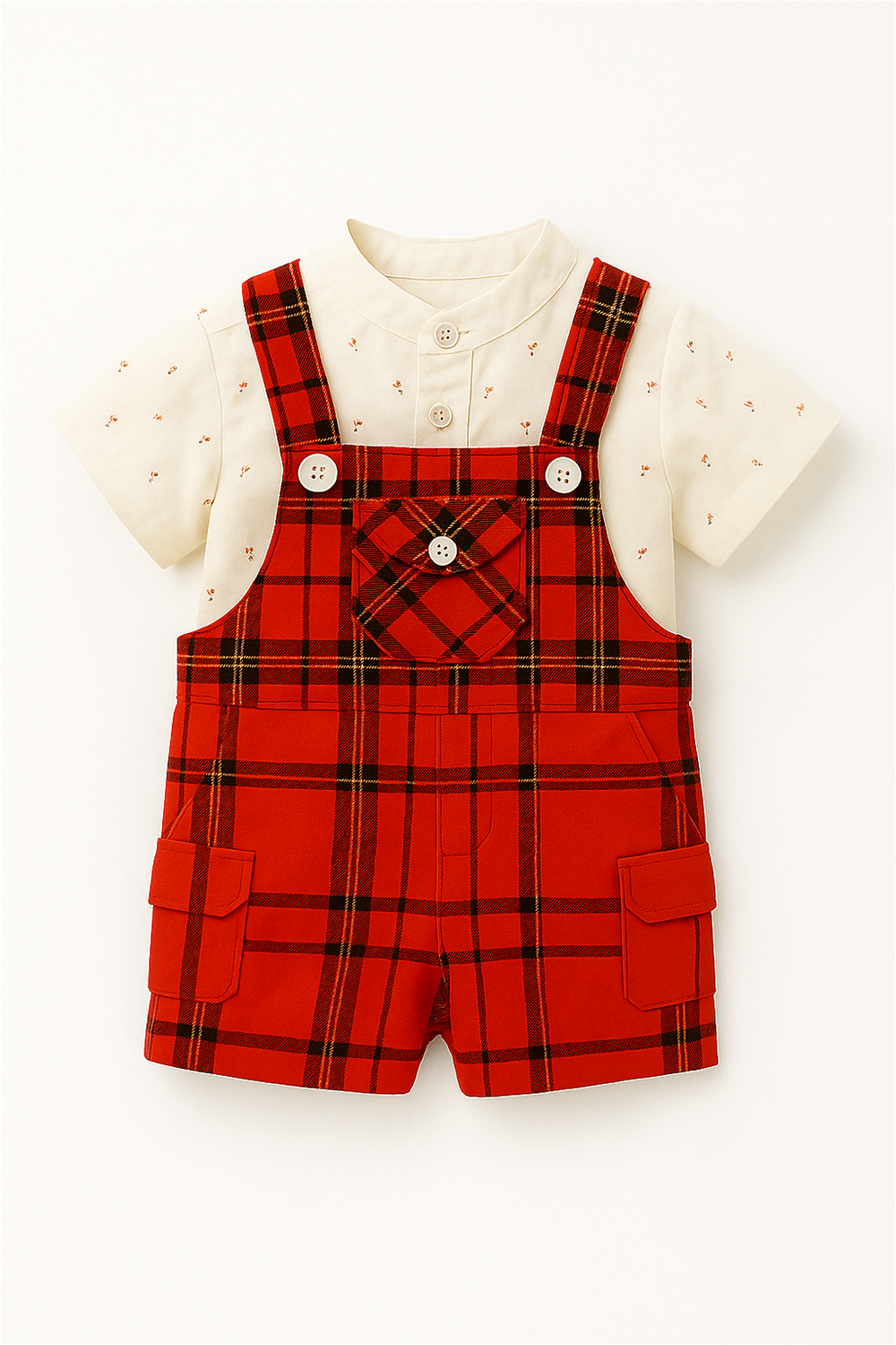 Baby boy's red plaid dungaree and a white Chinese collar shirt, perfect for casual or special occasions.