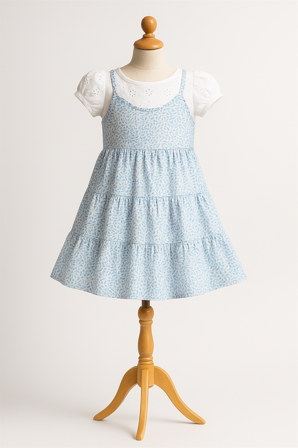 A beautifully displayed light blue tiered frock with delicate white floral patterns is showcased on a wooden kids wear mannequin for a studio presentation.