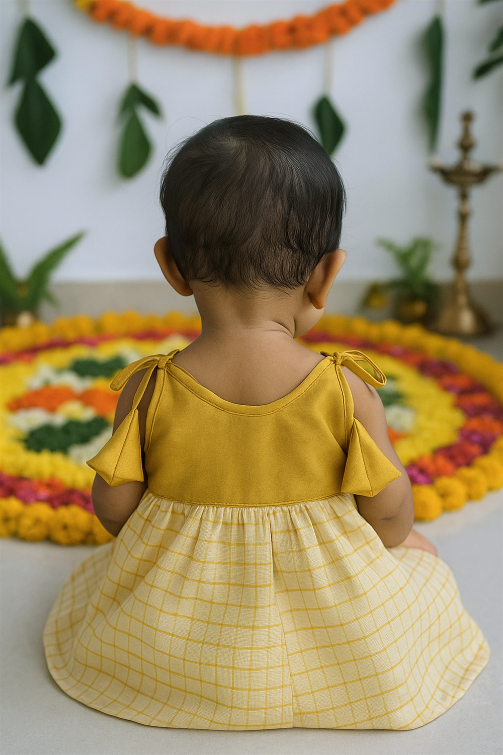 A baby is seen from the back, wearing a yellow Onam dress with a mustard bodice, tie-knot shoulders, and a light-yellow checkered skirt. The child sits before a colorful pookalam and festive decorations, highlighting the cultural charm of the celebration.